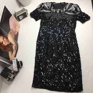 Vintage Robert Anthony 100% Silk Black Sequin Beaded Cocktail Dress 8